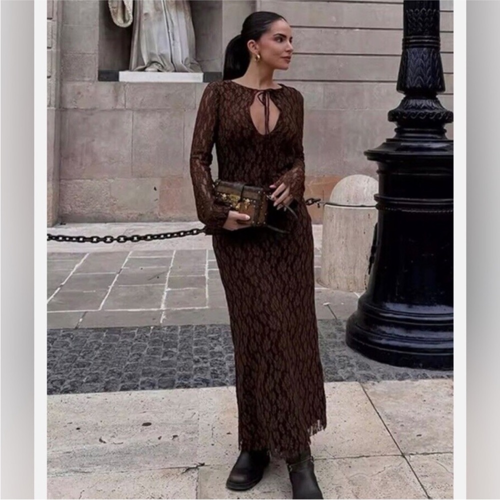 Zara Brown Lace Maxi Dress
